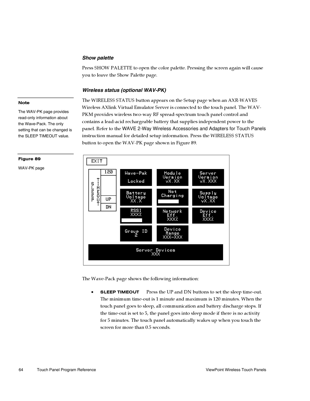 AMX Wireless Touch Panels (Wave Server) instruction manual Show palette, Wireless status optional WAV-PK 