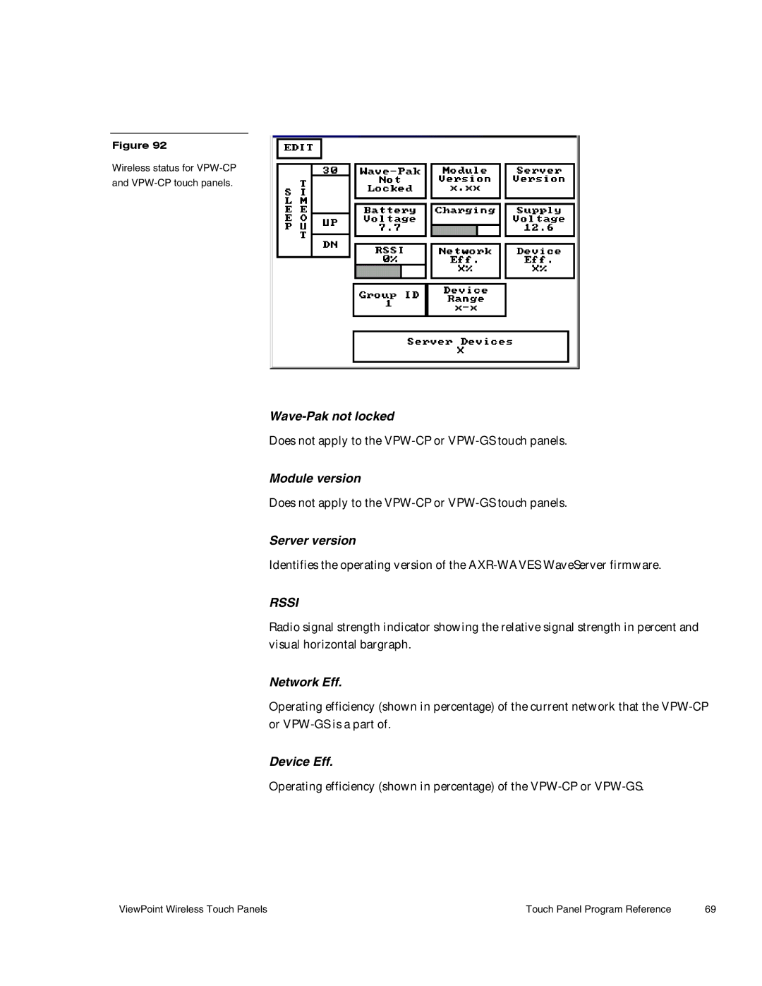 AMX Wireless Touch Panels (Wave Server) Wave-Pak not locked, Module version, Server version, Network Eff, Device Eff 