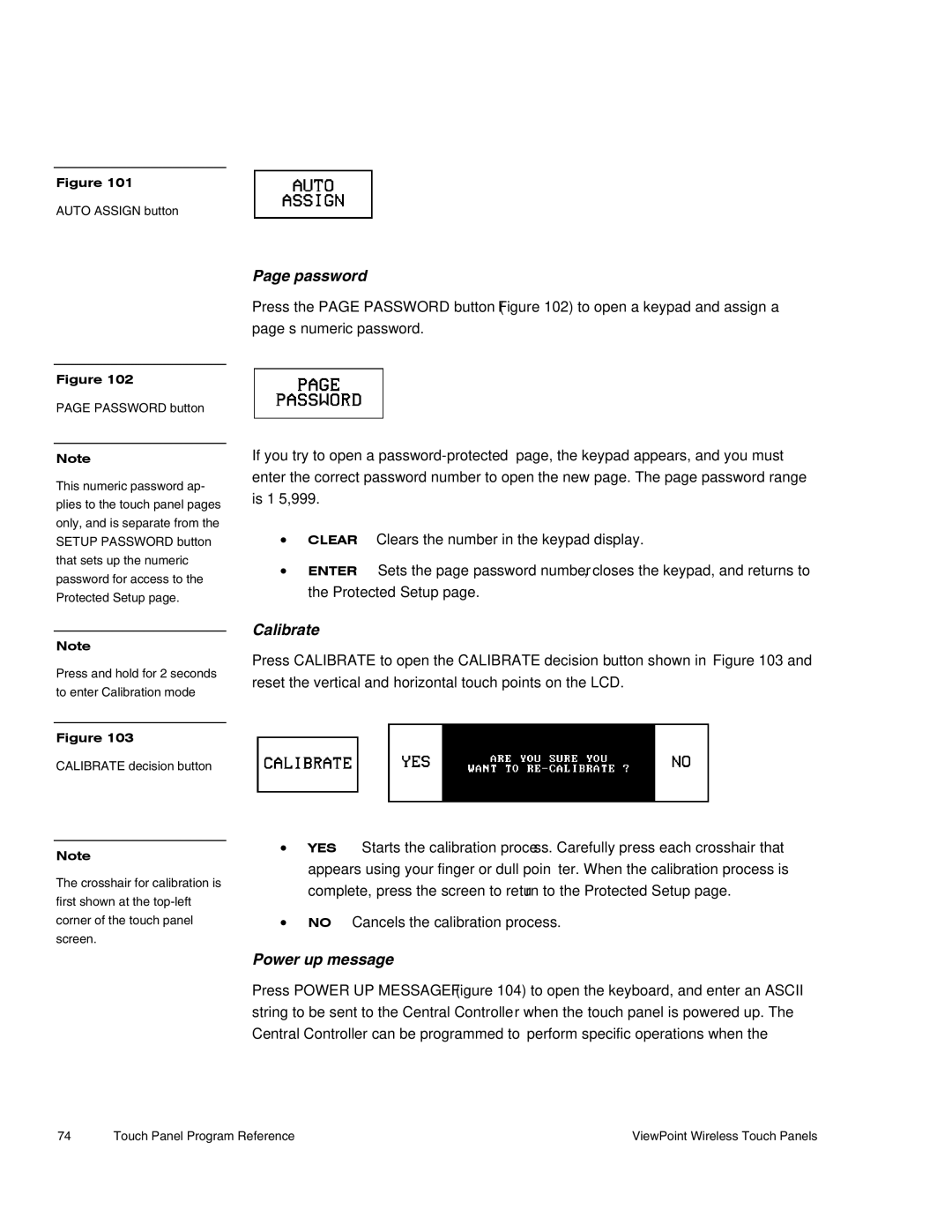 AMX Wireless Touch Panels (Wave Server) instruction manual Password, Calibrate, Power up message 