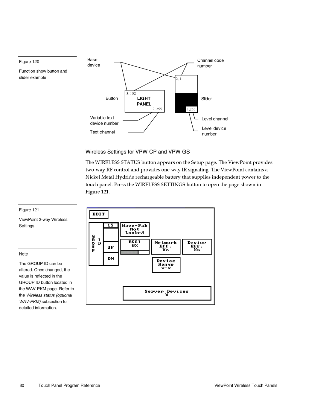 AMX Wireless Touch Panels (Wave Server) instruction manual Wireless Settings for VPW-CP and VPW-GS, Light Panel 