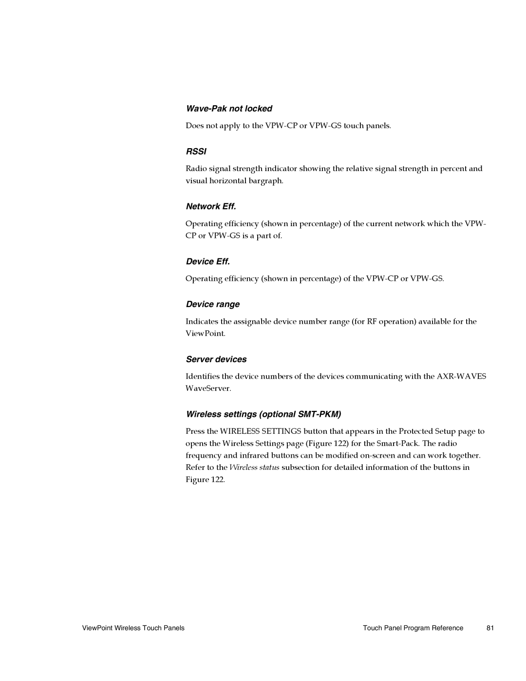 AMX Wireless Touch Panels (Wave Server) instruction manual Wave-Pak not locked, Wireless settings optional SMT-PKM 