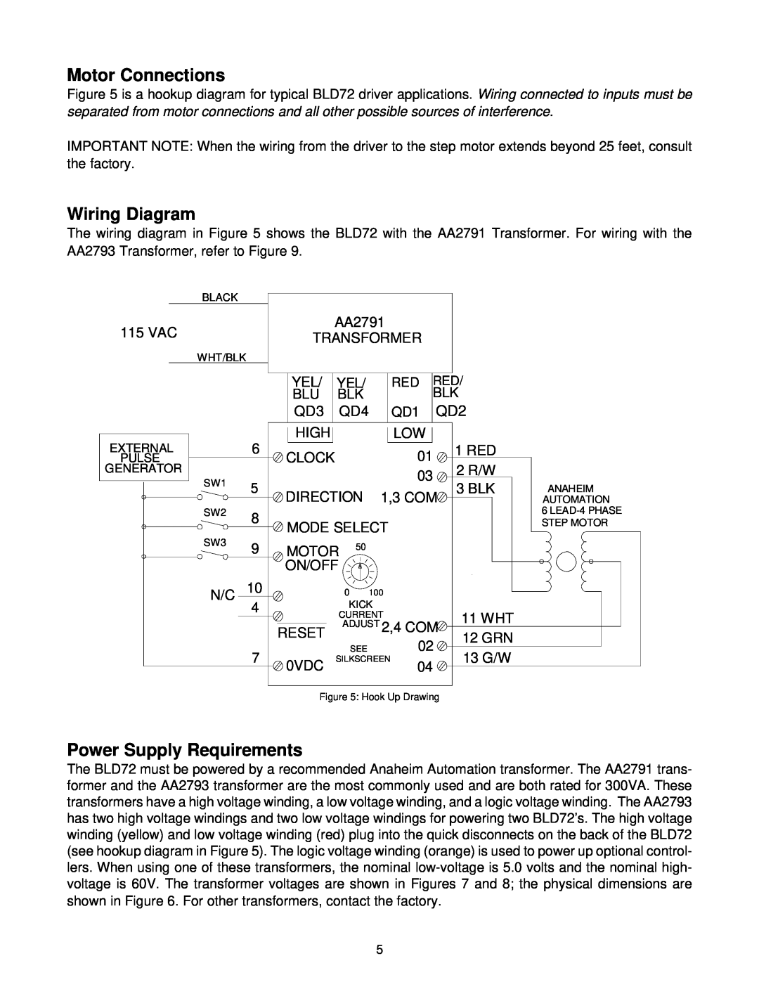 Anaheim BLD72-1 manual Motor Connections, Wiring Diagram, Power Supply Requirements 