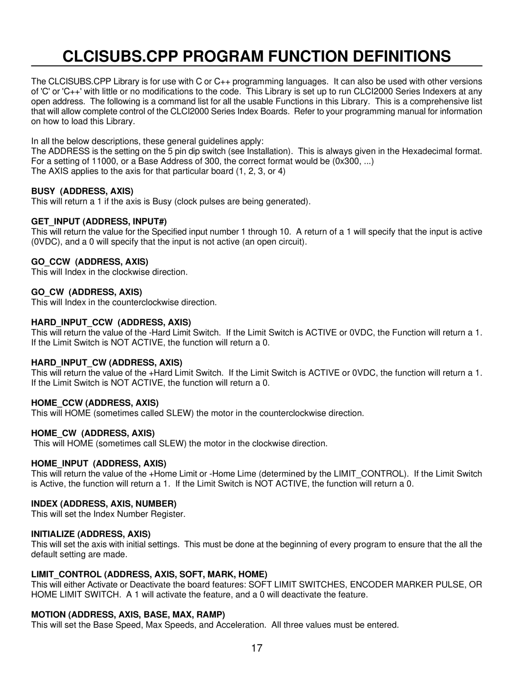 Anaheim CLCI2000 user manual CLCISUBS.CPP Program Function Definitions 