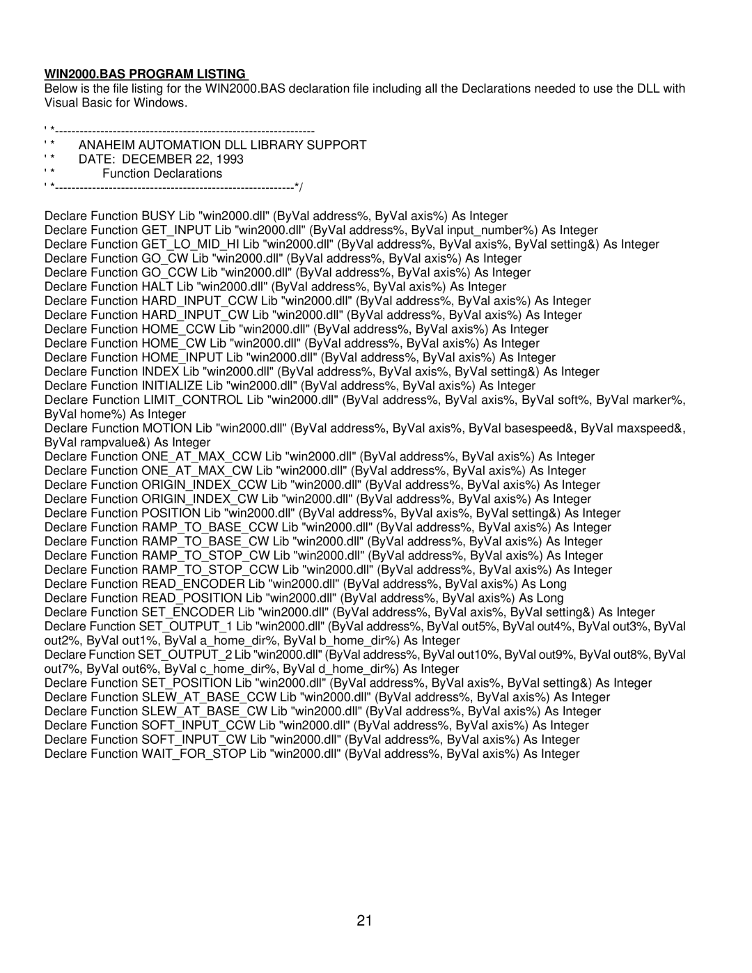 Anaheim CLCI2000 user manual WIN2000.BAS Program Listing, Anaheim Automation DLL Library Support 