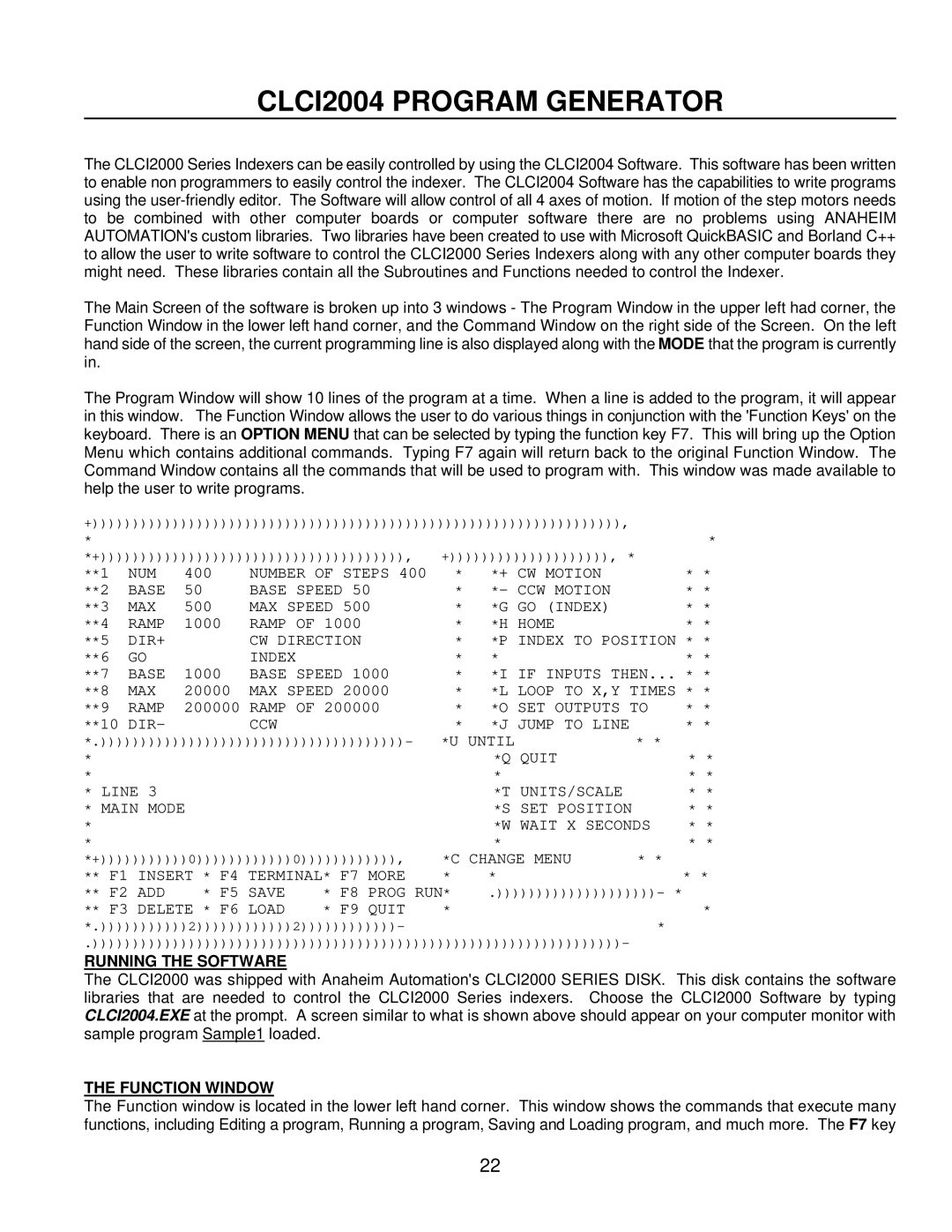 Anaheim CLCI2000 user manual CLCI2004 Program Generator, Running the Software, Function Window 