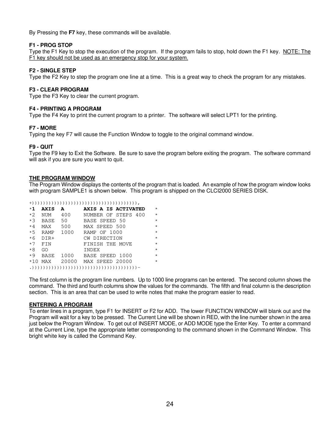 Anaheim CLCI2000 user manual F1 Prog Stop, F2 Single Step, F3 Clear Program, F4 Printing a Program, F7 More, Program Window 