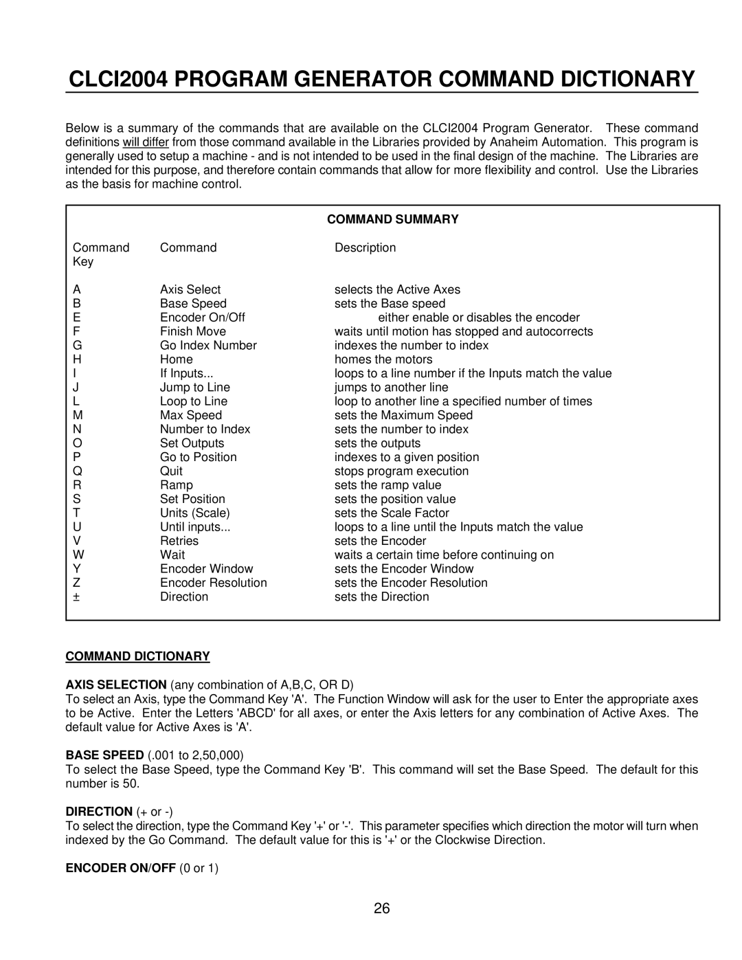 Anaheim CLCI2000 CLCI2004 Program Generator Command Dictionary, Command Summary, Direction + or, Encoder ON/OFF 0 or 