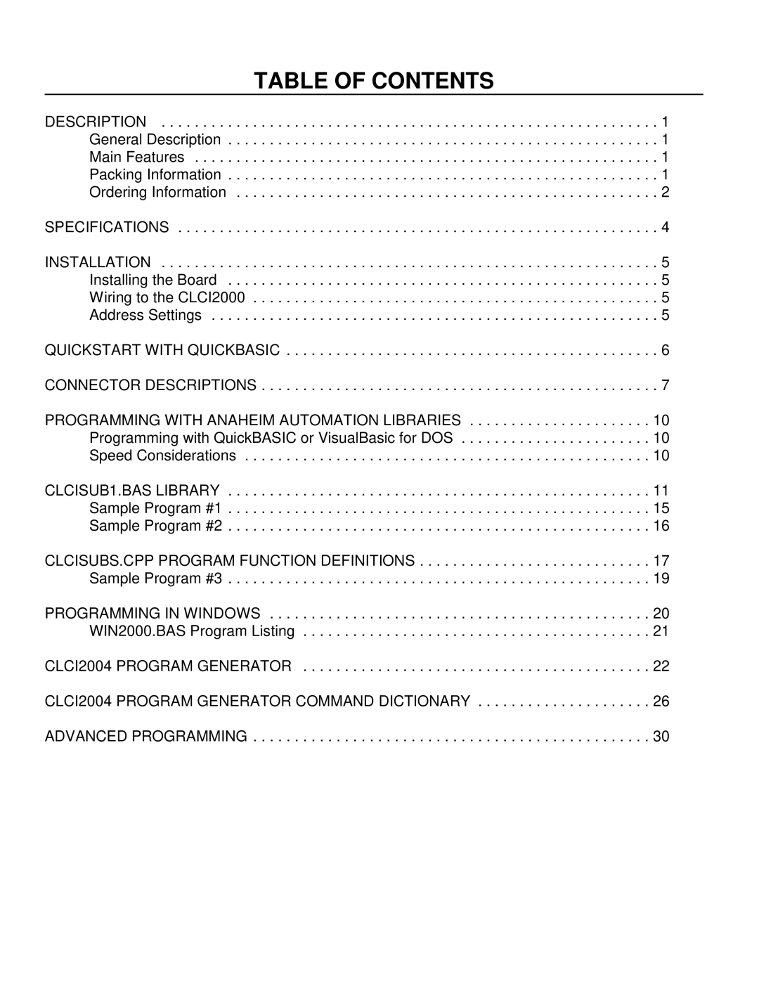 Anaheim CLCI2000 user manual Table of Contents 