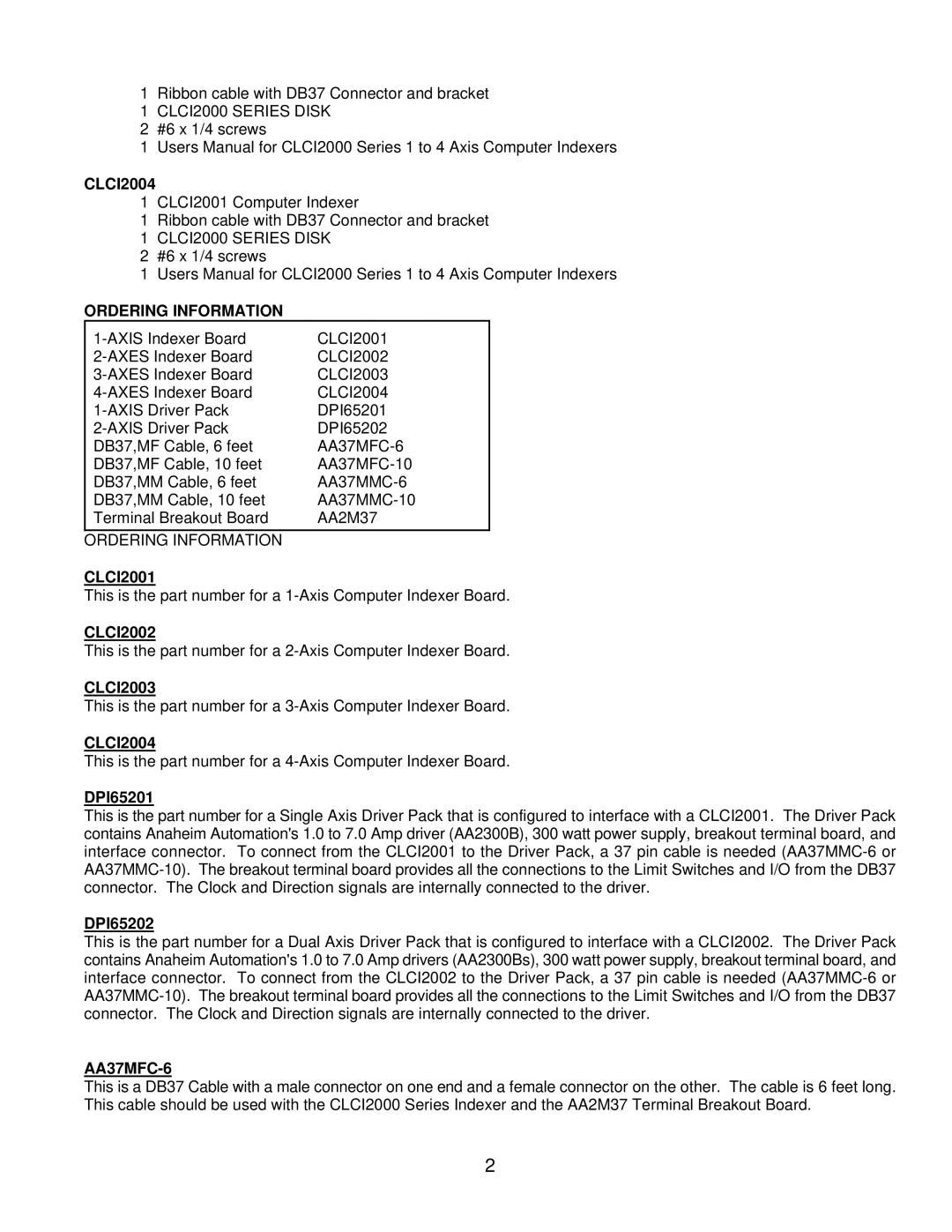 Anaheim CLCI2000 user manual CLCI2004, Ordering Information, DPI65201, DPI65202, AA37MFC-6 