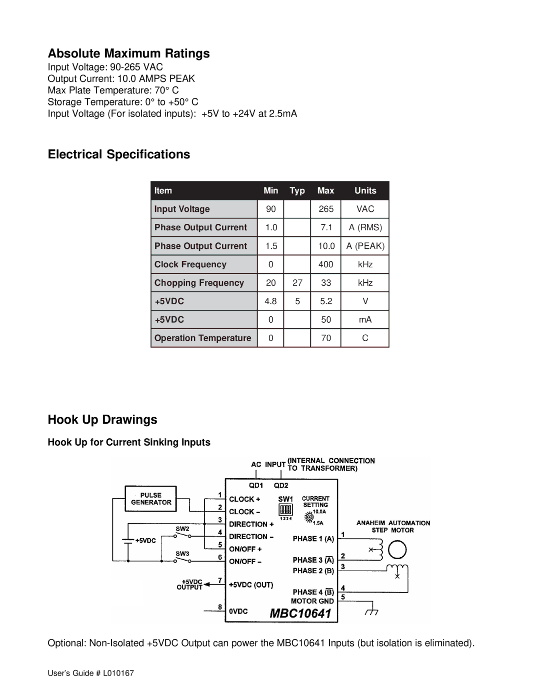 Anaheim DPG1004-01, DPG10002-01, DPG10003-01 manual Absolute Maximum Ratings, Electrical Specifications, Hook Up Drawings 