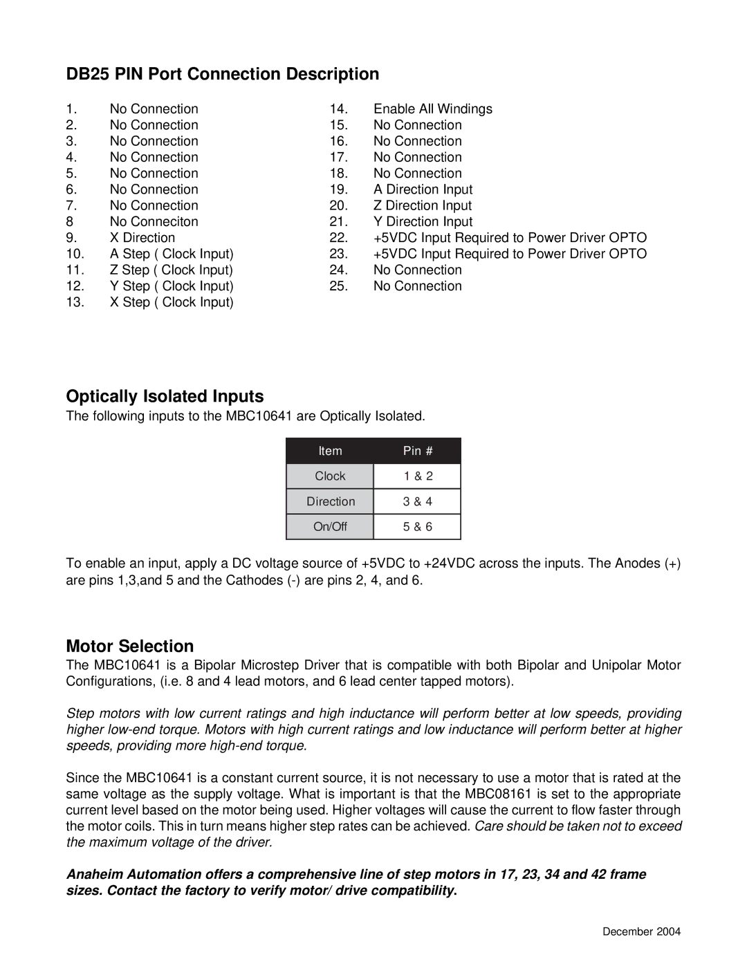 Anaheim DPG10003-01, DPG10002-01 manual DB25 PIN Port Connection Description, Optically Isolated Inputs, Motor Selection 