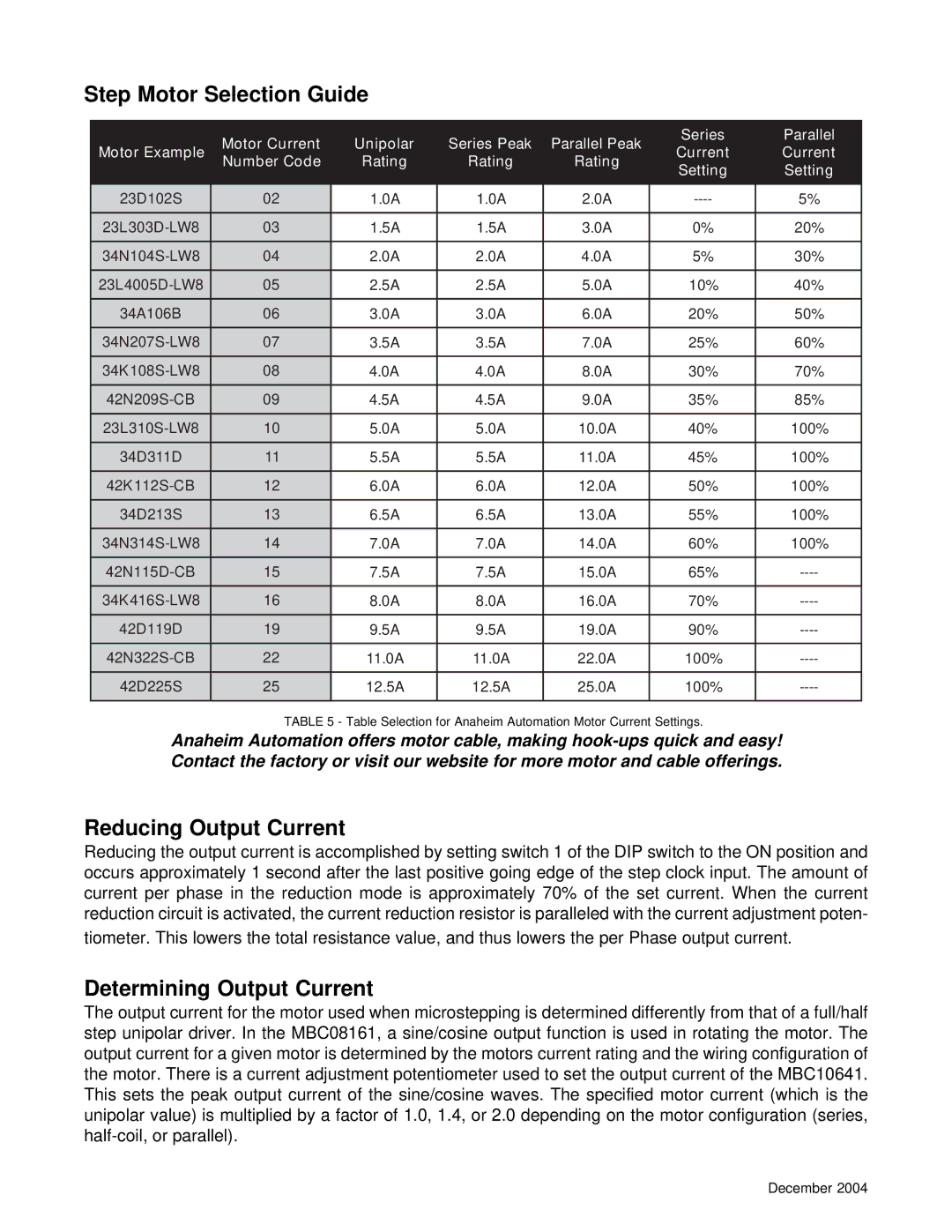 Anaheim DPG1004-01, DPG10002-01 manual Step Motor Selection Guide, Reducing Output Current, Determining Output Current 