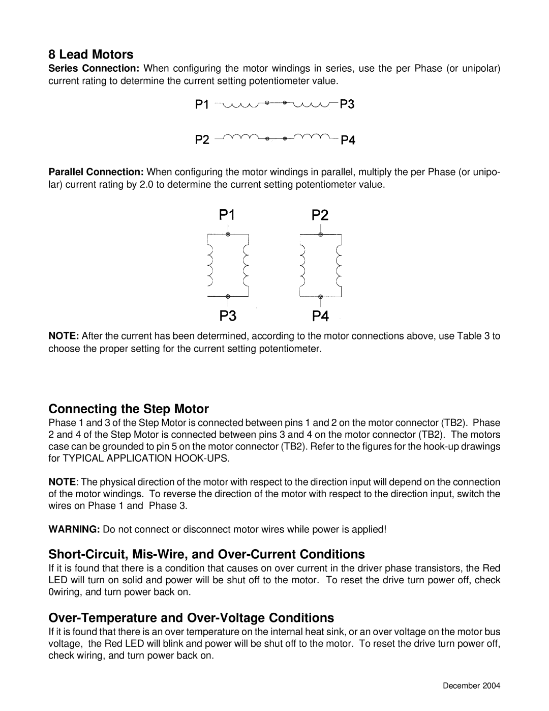 Anaheim DPG10002-01, DPG1004-01 manual Connecting the Step Motor, Short-Circuit, Mis-Wire, and Over-Current Conditions 