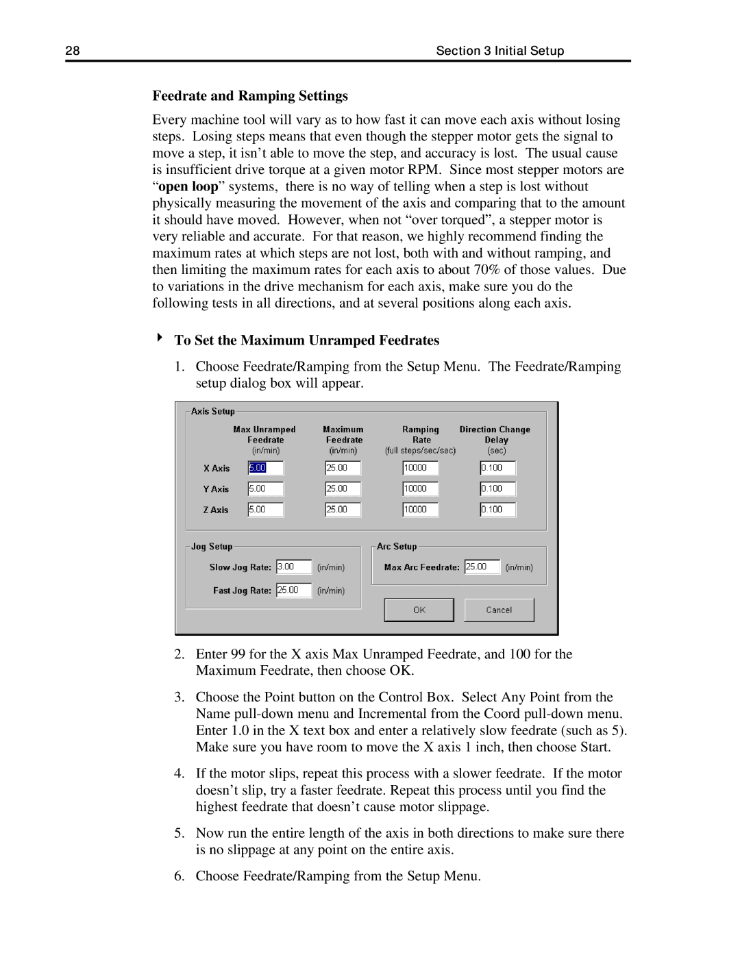 Anaheim DPJ72LC4, DPJ72LC3, DPJ72LC2 manual Feedrate and Ramping Settings, To Set the Maximum Unramped Feedrates 