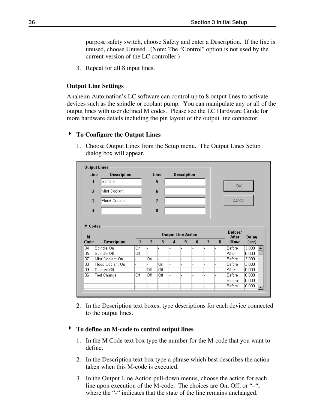 Anaheim DPJ72LC2 manual Output Line Settings, To Configure the Output Lines, To define an M-code to control output lines 