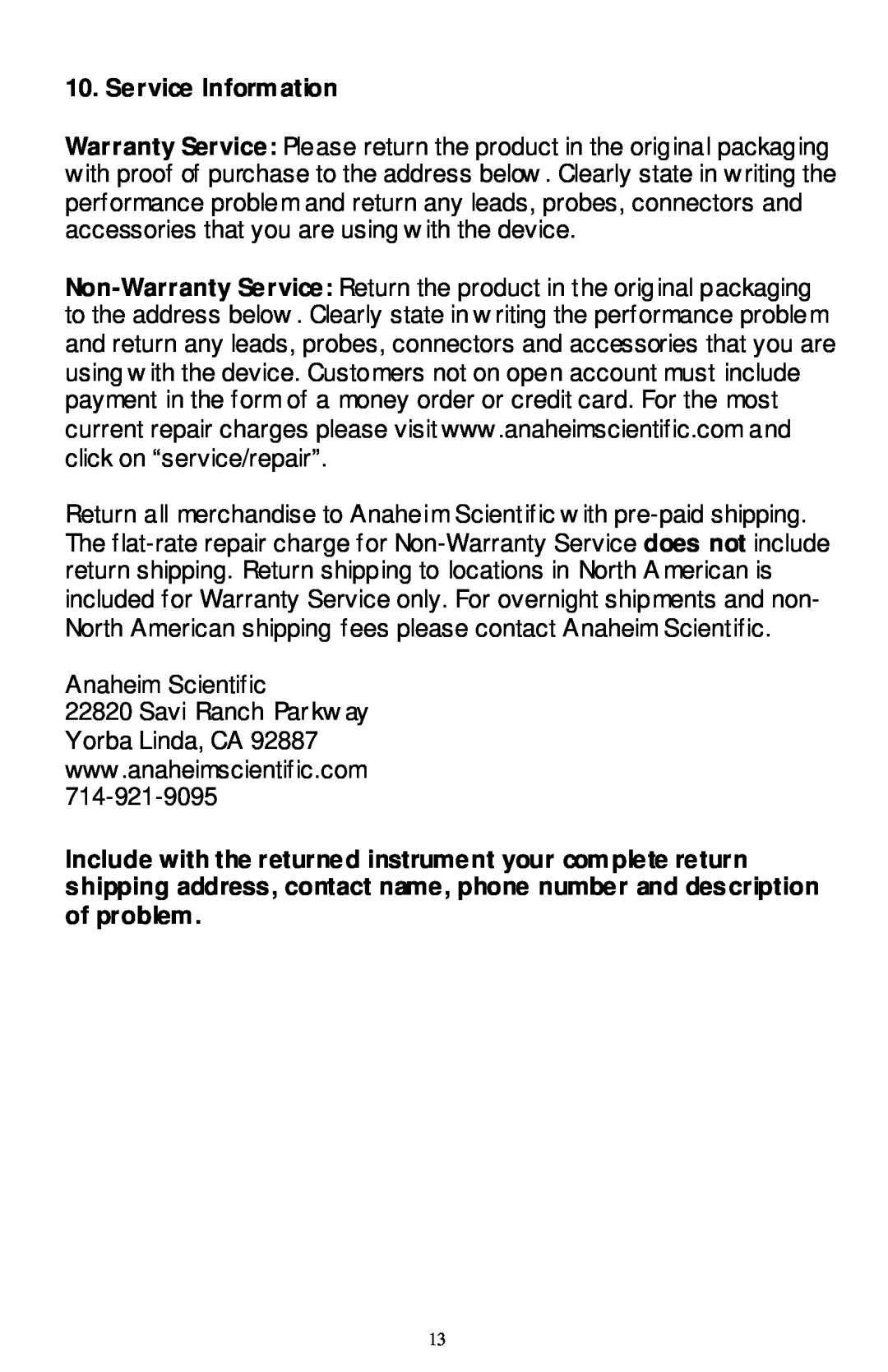 Anaheim H300 instruction manual Service Inform ation 