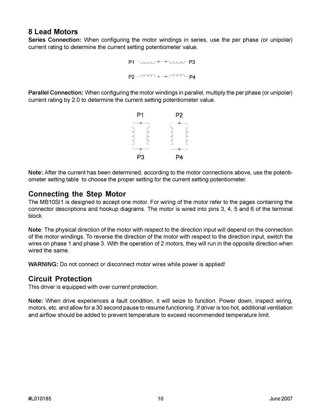 Anaheim MBC10SI1 manual Connecting the Step Motor, Circuit Protection 