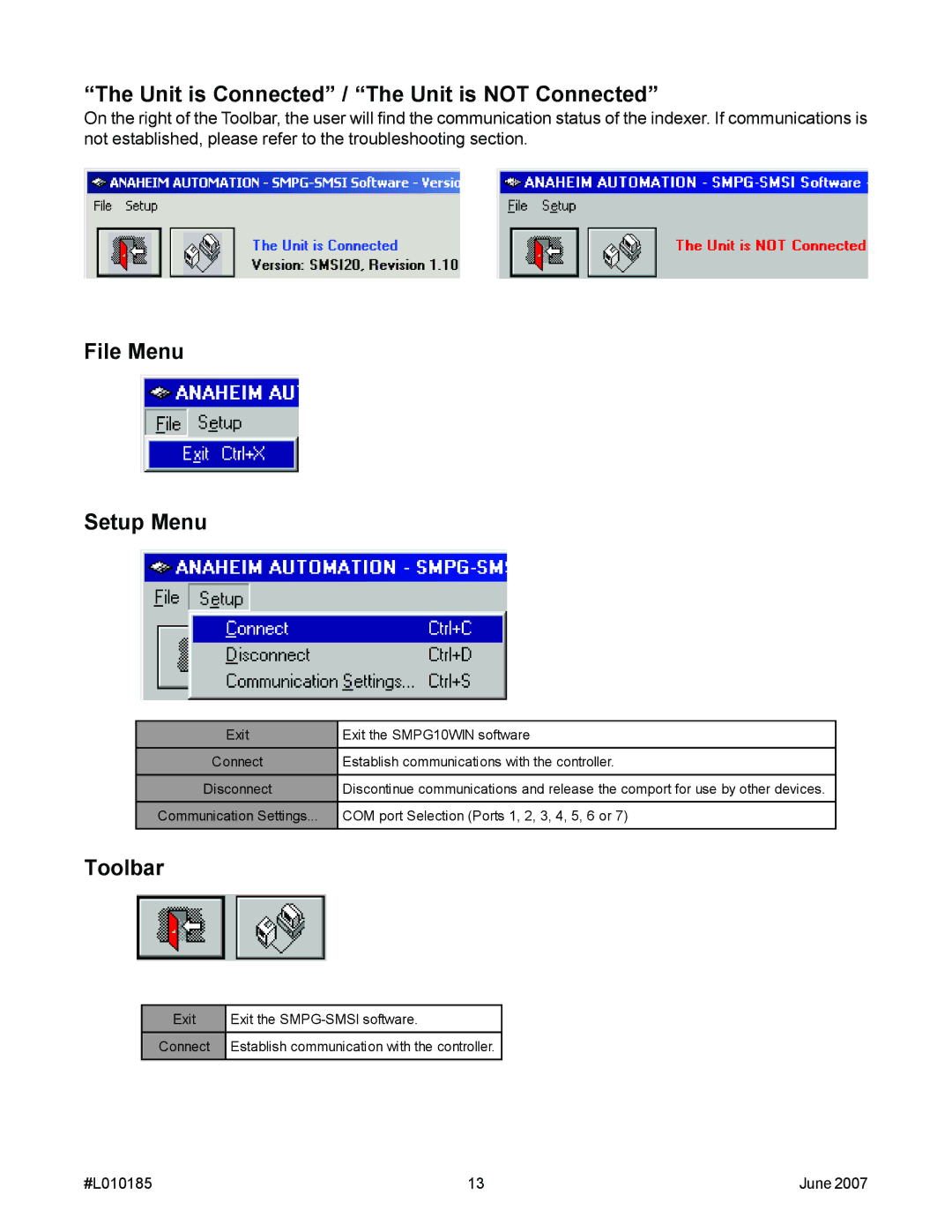 Anaheim MBC10SI1 manual Unit is Connected / The Unit is not Connected, File Menu Setup Menu, Toolbar 