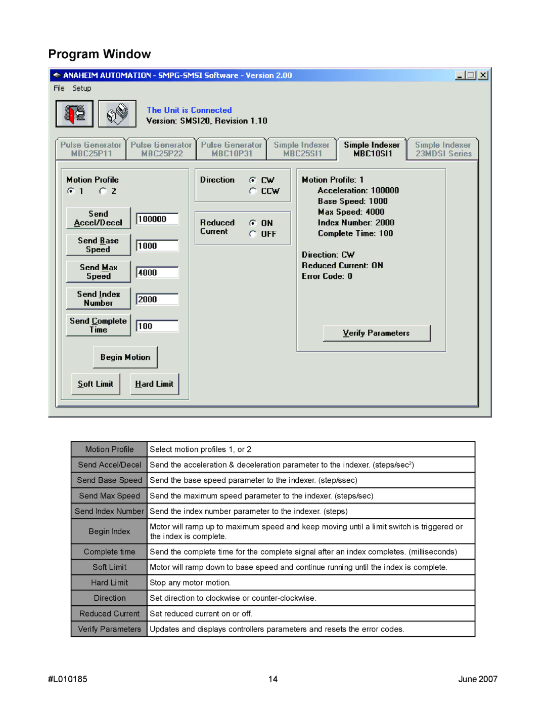 Anaheim MBC10SI1 manual Program Window 