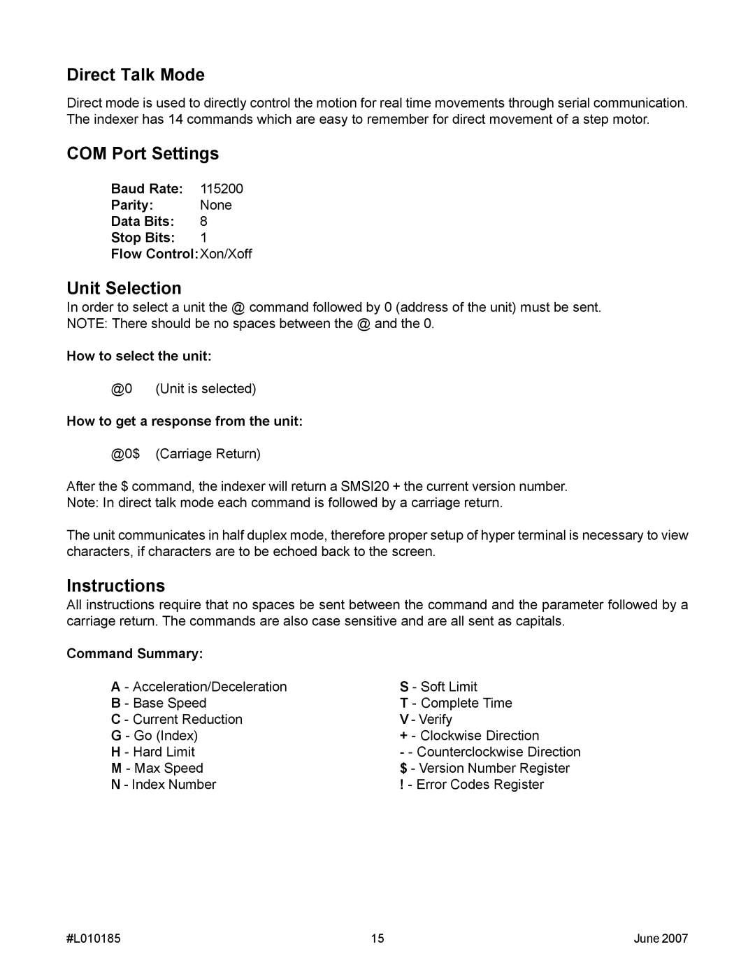 Anaheim MBC10SI1 manual Direct Talk Mode, COM Port Settings, Unit Selection, Instructions 