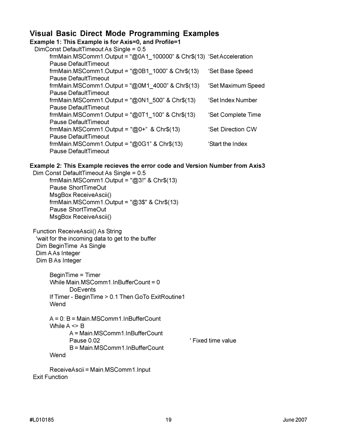 Anaheim MBC10SI1 manual Visual Basic Direct Mode Programming Examples 