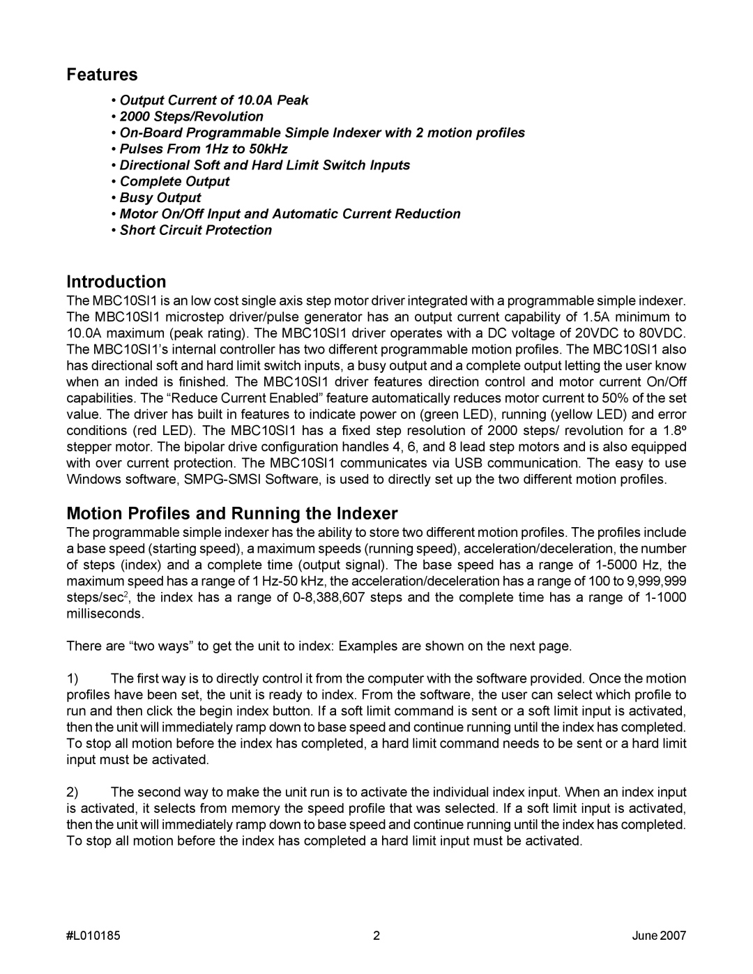 Anaheim MBC10SI1 manual Features, Introduction, Motion Profiles and Running the Indexer 