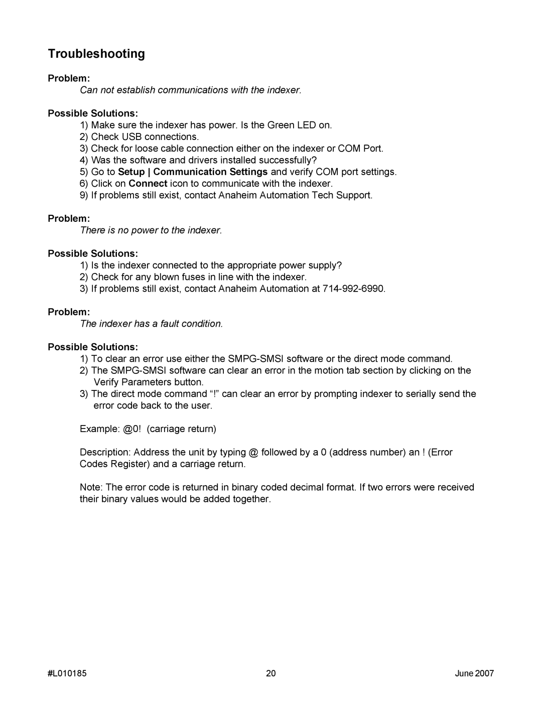 Anaheim MBC10SI1 manual Troubleshooting 