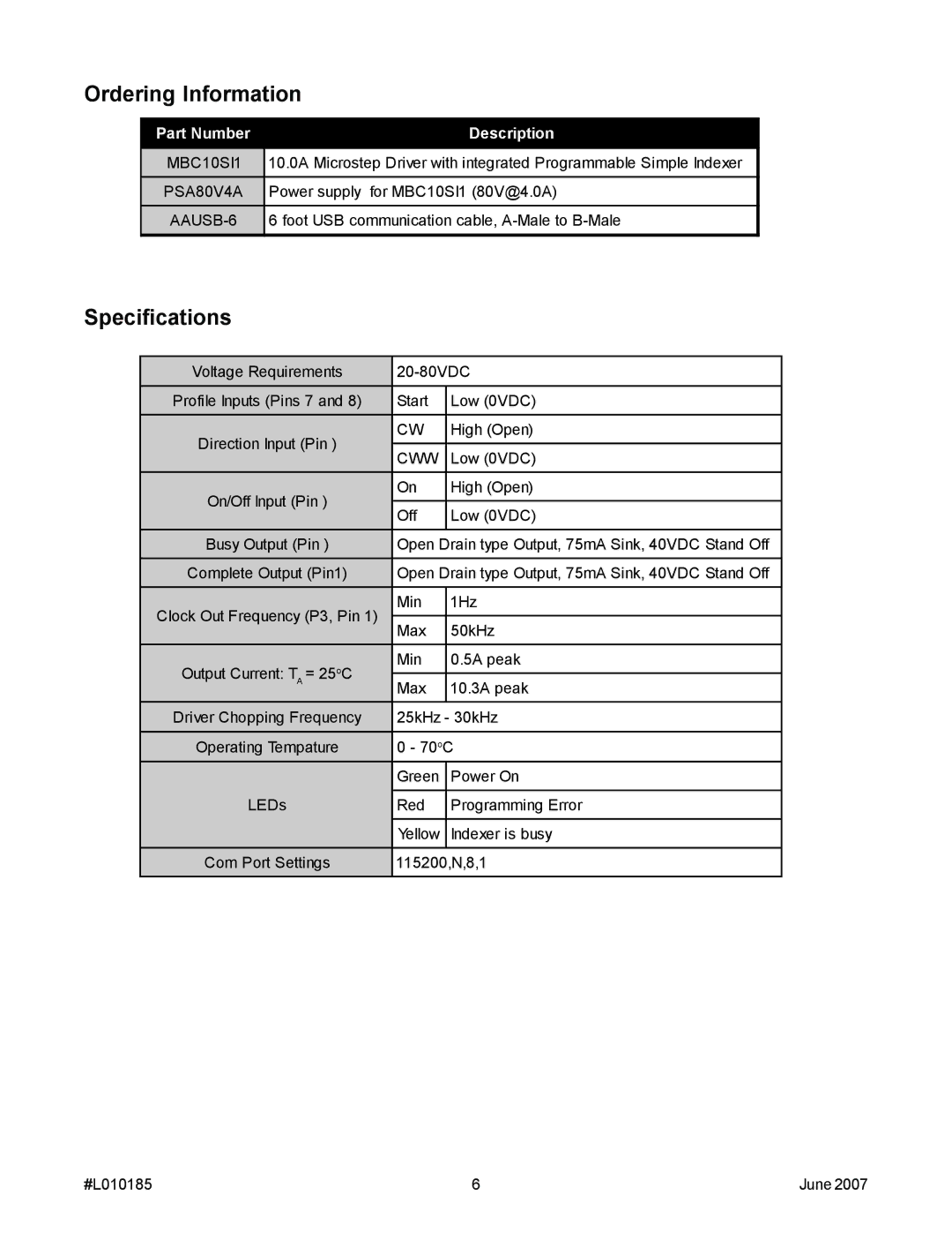 Anaheim MBC10SI1 manual Ordering Information, Specifications 