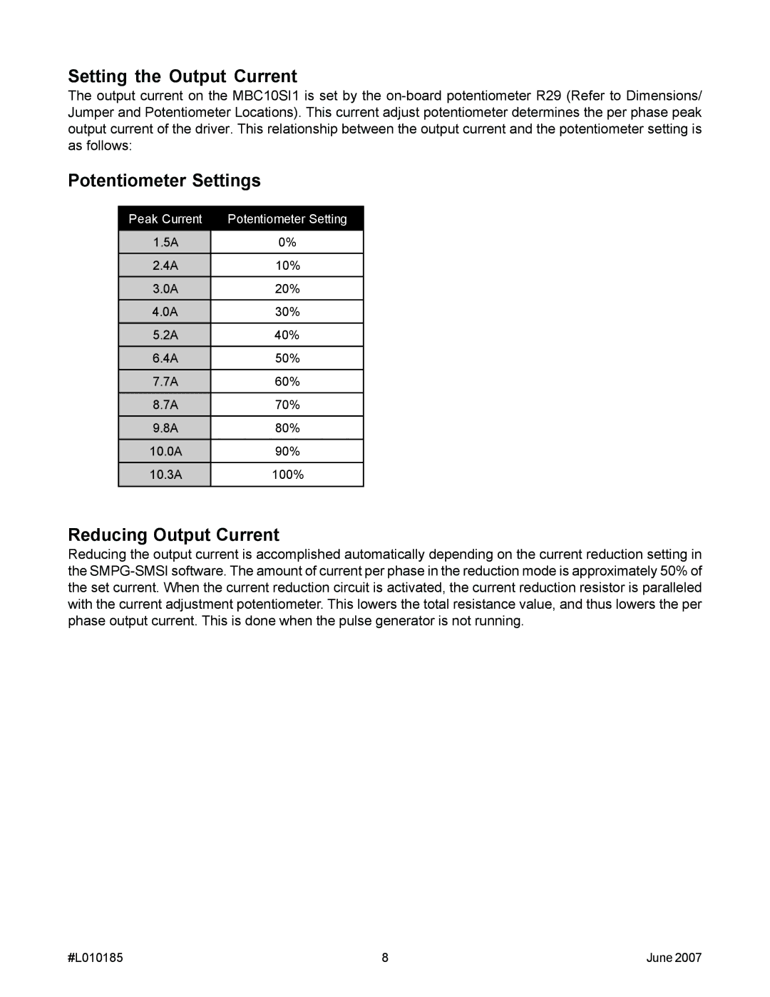 Anaheim MBC10SI1 manual Setting the Output Current, Potentiometer Settings, Reducing Output Current 