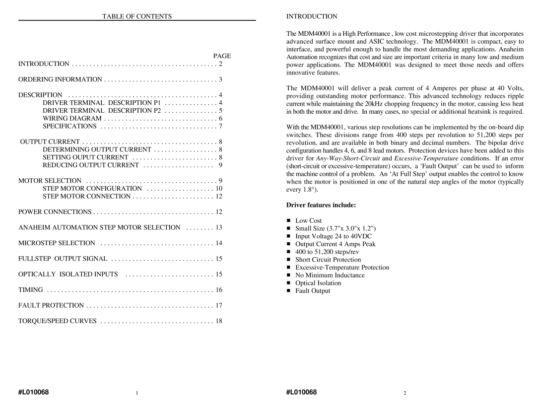 Anaheim MDM40001 Table of Contents, Anaheim Automation Step Motor Selection, Optically Isolated Inputs, Introduction 