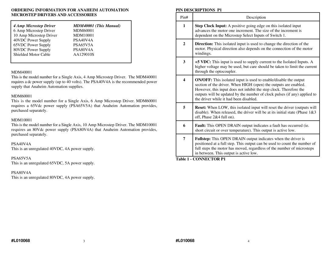 Anaheim MDM40001 warranty PSA40V4A, PSA65V5A, PSA80V4A, PIN Descriptions P1, Connector P1 