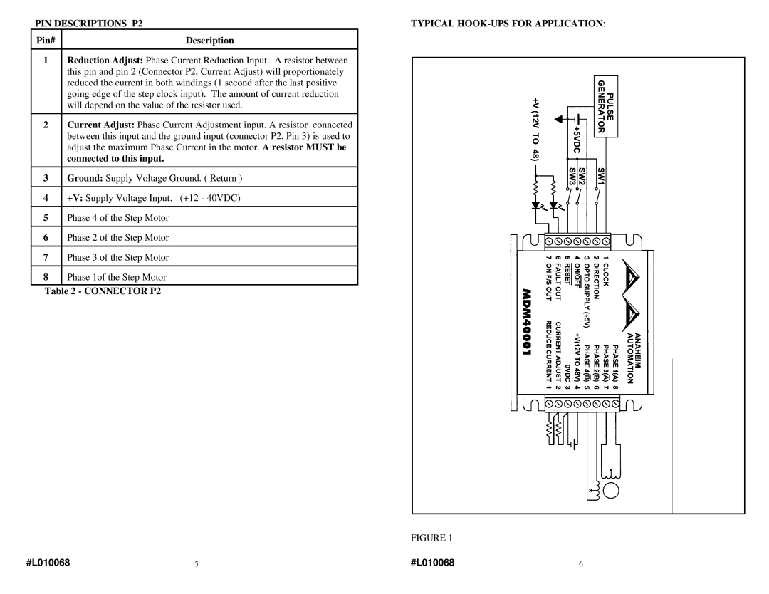 Anaheim MDM40001 warranty PIN Descriptions P2 Typical HOOK-UPS for Application 