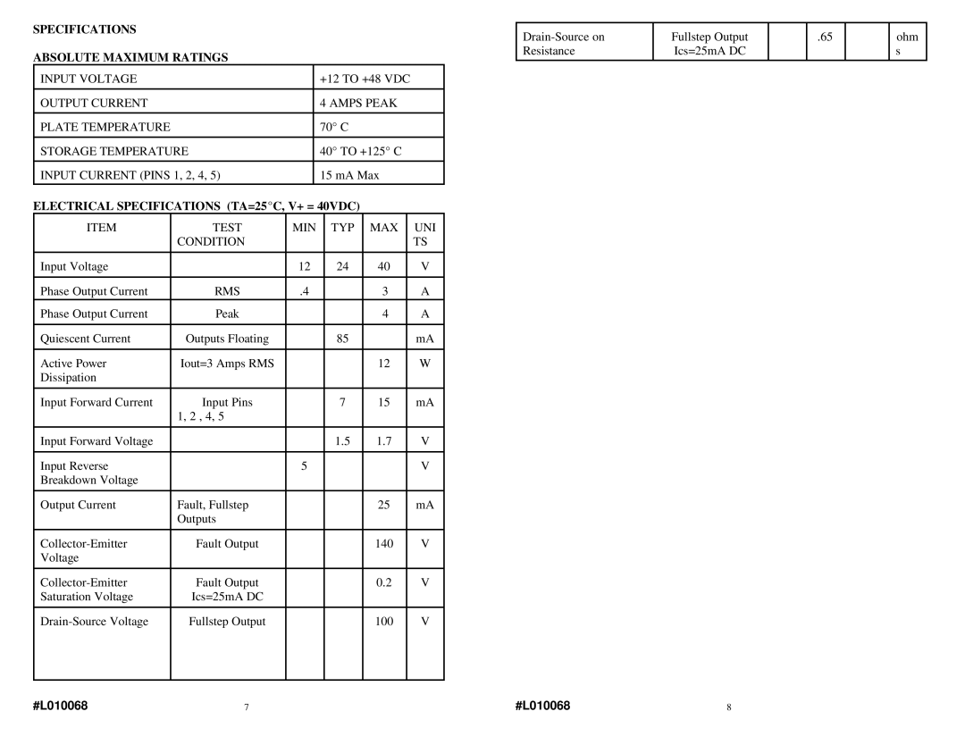 Anaheim MDM40001 warranty Specifications Absolute Maximum Ratings, Electrical Specifications TA=25EC, V+ = 40VDC 