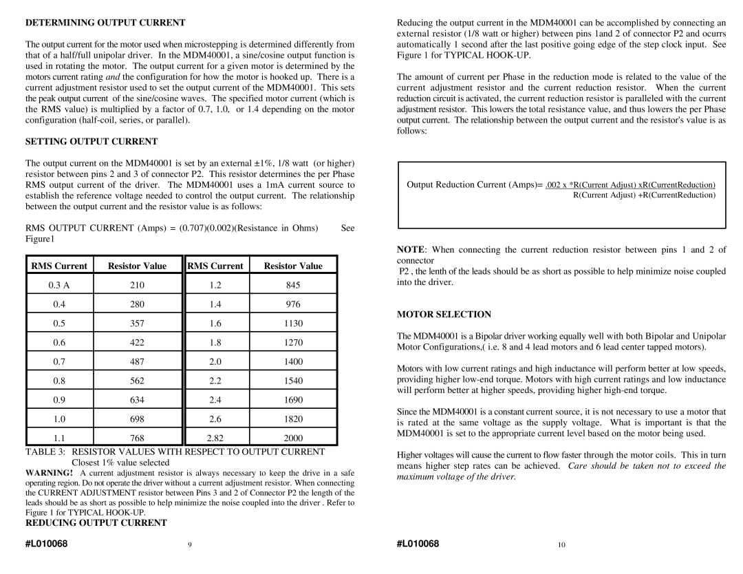 Anaheim MDM40001 Determining Output Current, Setting Output Current, RMS Current Resistor Value, Reducing Output Current 