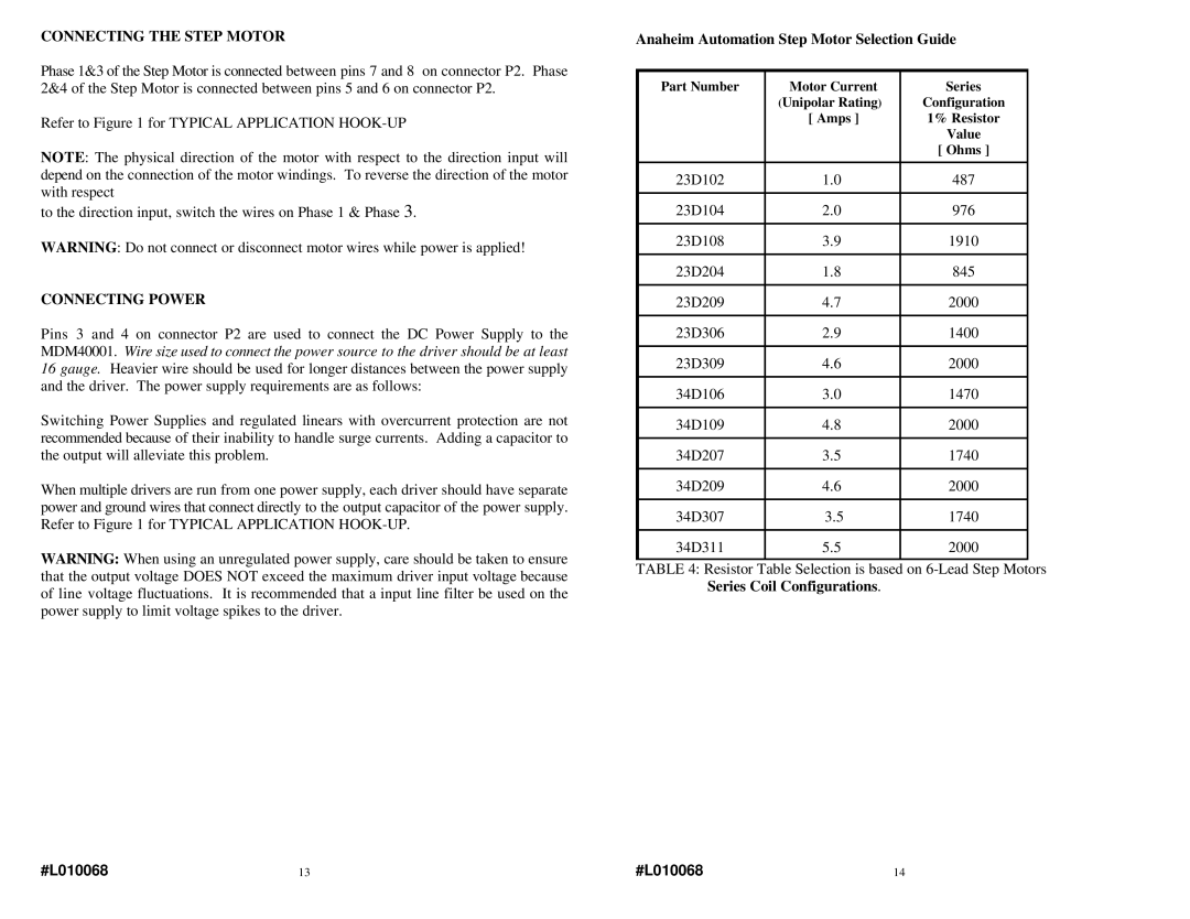 Anaheim MDM40001 warranty Connecting the Step Motor, Connecting Power, Anaheim Automation Step Motor Selection Guide 