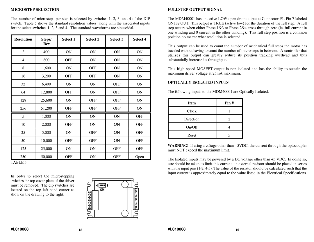 Anaheim MDM40001 Microstep Selection, Resolution Steps Select Rev, Fullstep Output Signal, Optically Isolated Inputs 