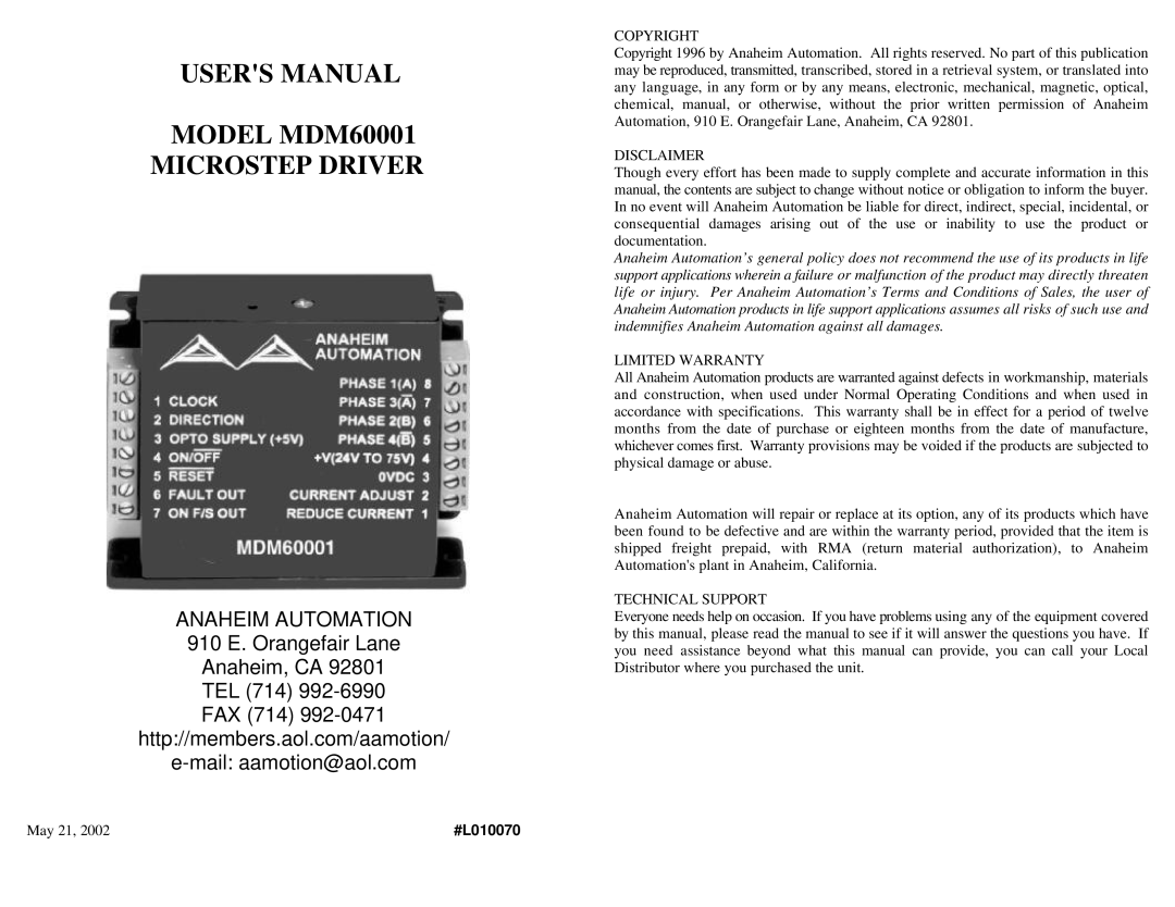 Anaheim user manual Model MDM60001 Microstep Driver 