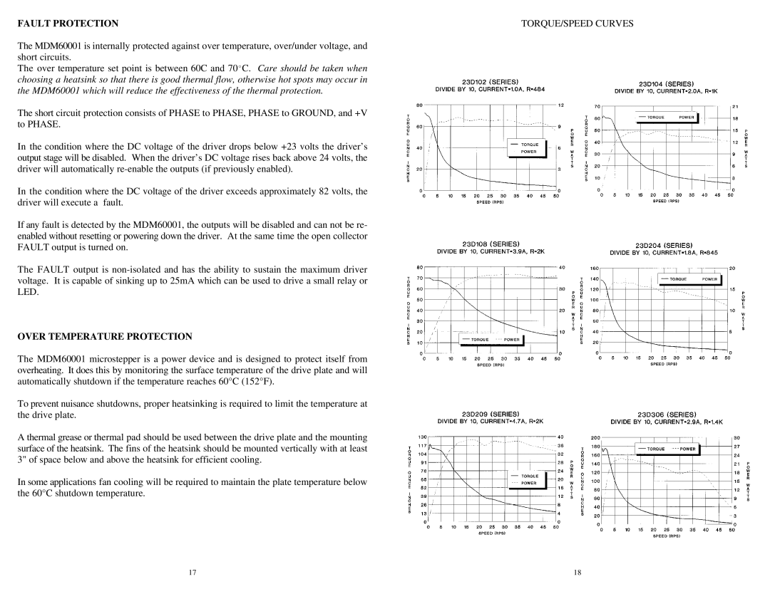 Anaheim MDM60001 user manual Fault Protection TORQUE/SPEED Curves, Over Temperature Protection 