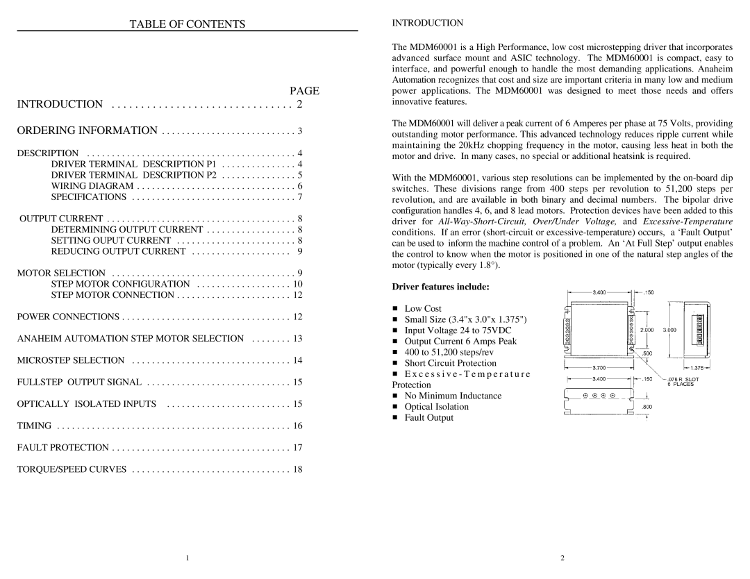 Anaheim MDM60001 user manual Table of Contents 