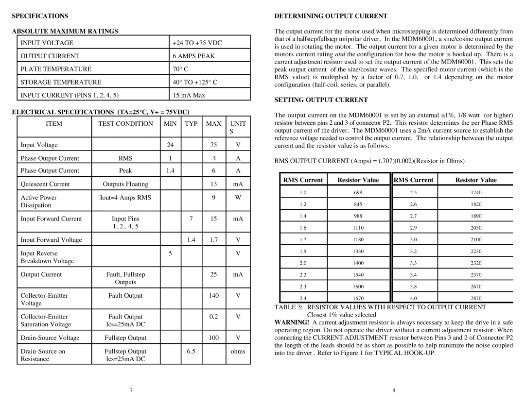 Anaheim MDM60001 user manual Specifications Absolute Maximum Ratings, Electrical Specifications TA=25EC, V+ = 75VDC 