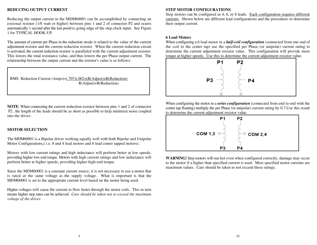 Anaheim MDM60001 user manual Reducing Output Current, Motor Selection, Step Motor Configurations, Lead Motors 