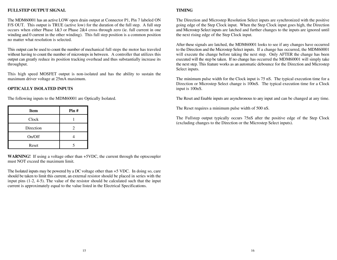 Anaheim MDM60001 user manual Fullstep Output Signal, Optically Isolated Inputs, Pin #, Timing 