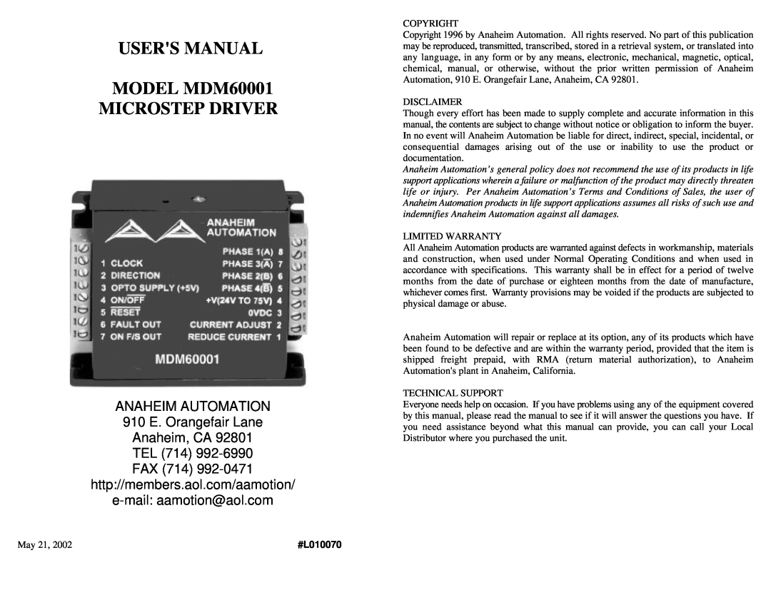Anaheim user manual USERS MANUAL MODEL MDM60001 MICROSTEP DRIVER, #L010070 