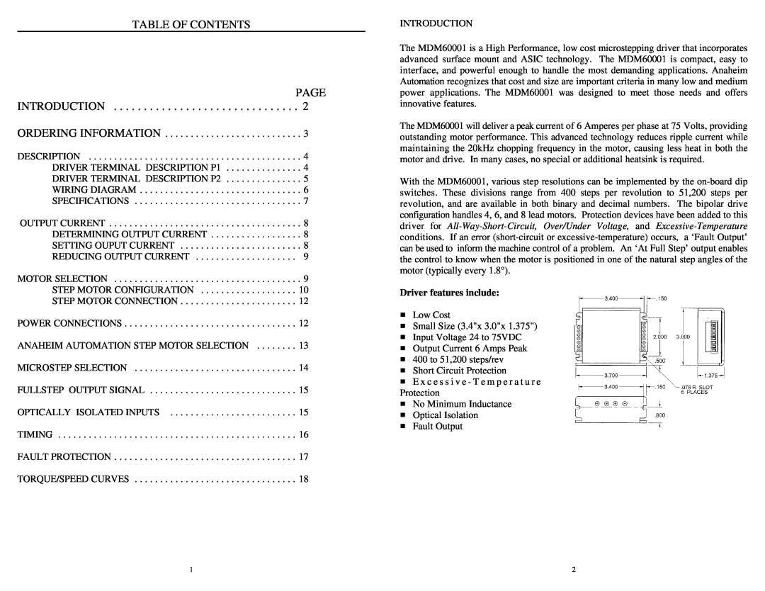 Anaheim MDM60001 user manual Table Of Contents Page Introduction, Driver features include 