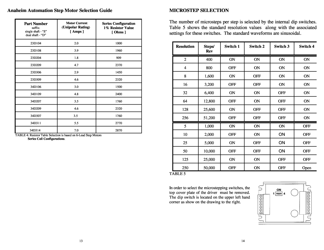 Anaheim MDM60001 user manual Part Number, Resolution, Steps, Switch, Anaheim Automation Step Motor Selection Guide 