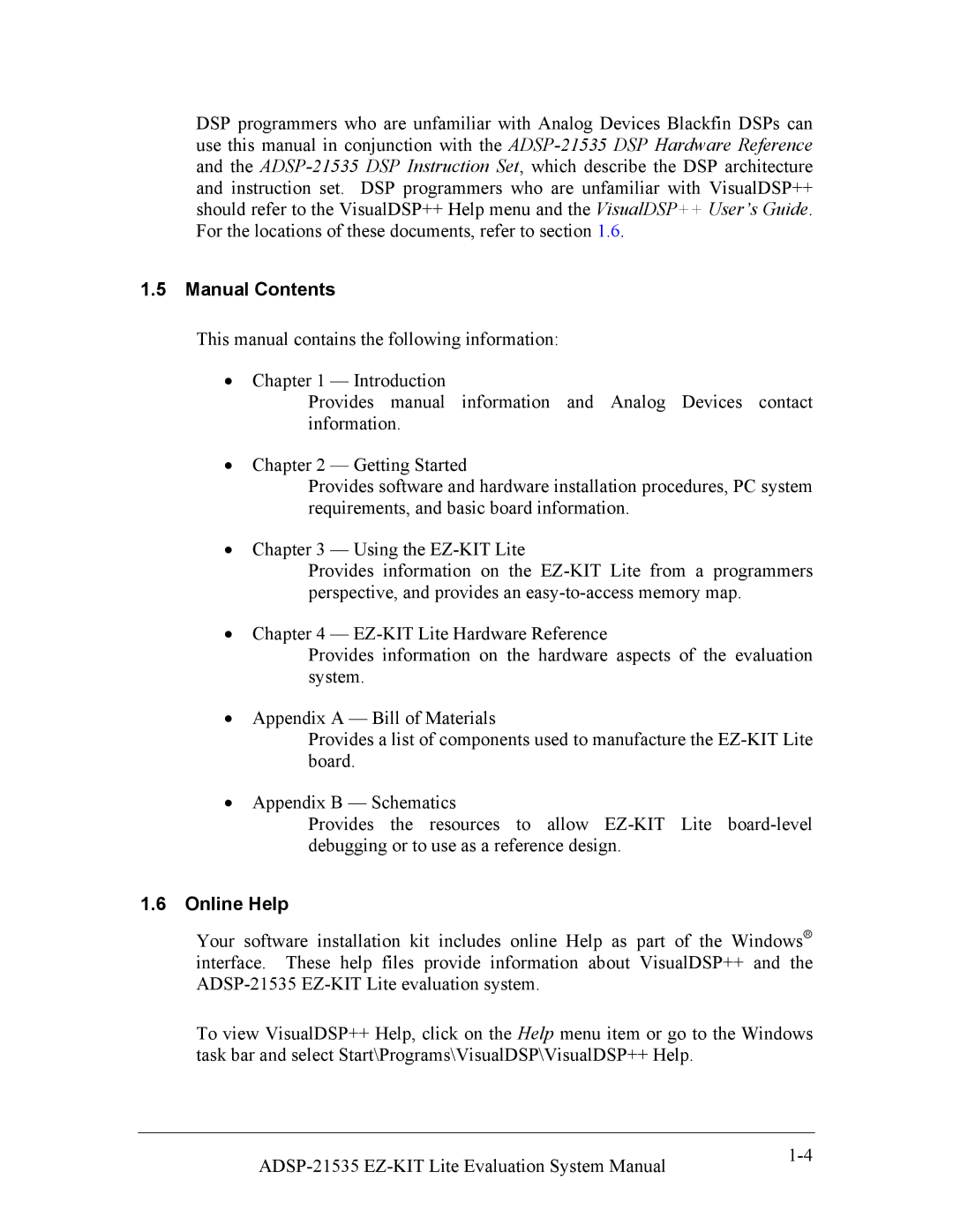 Analog Devices 82-0000603-01, ADSP-21535 E-KIT LITE system manual Manual Contents, Online Help 