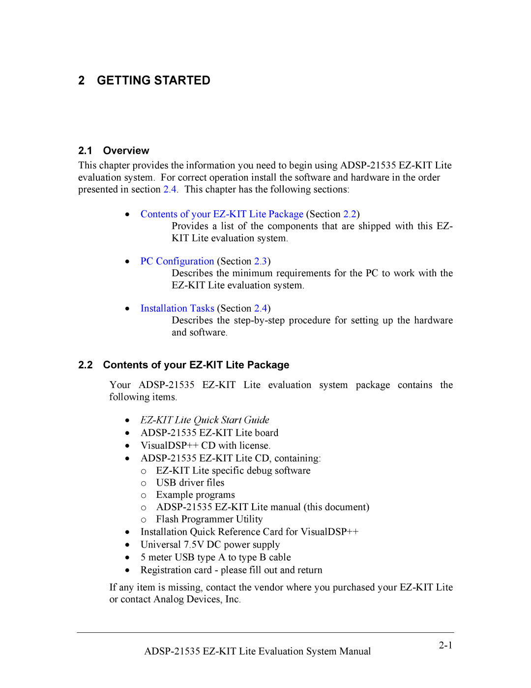 Analog Devices 82-0000603-01, ADSP-21535 E-KIT LITE Getting Started, Overview, Contents of your EZ-KIT Lite Package 