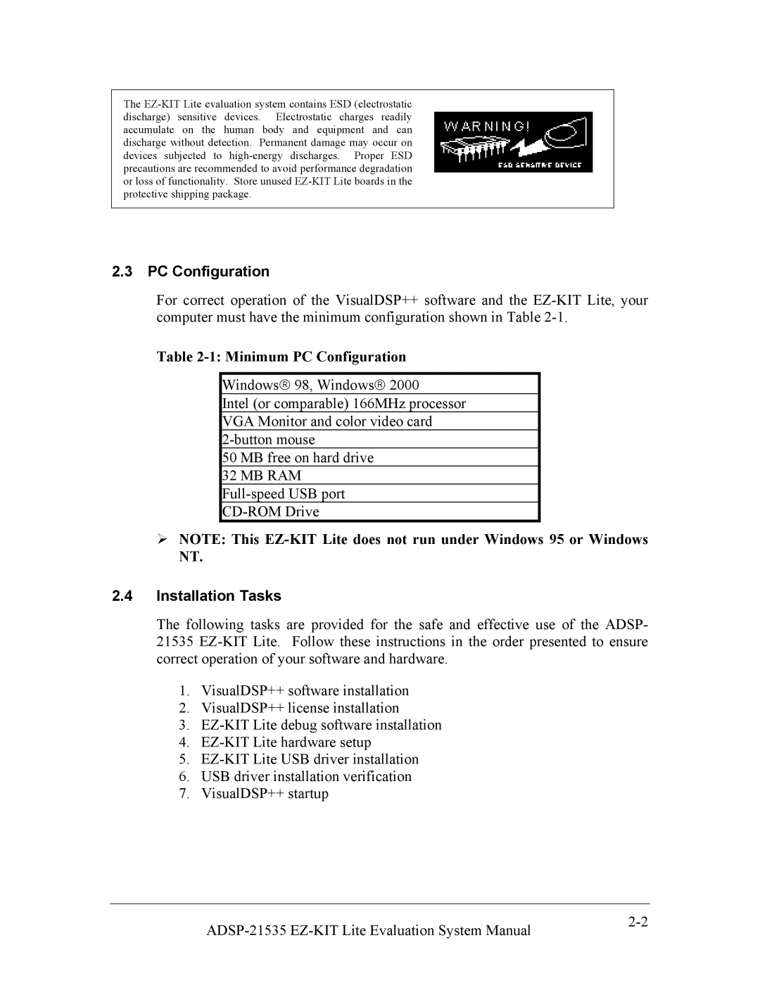 Analog Devices ADSP-21535 E-KIT LITE, 82-0000603-01 system manual PC Configuration, Installation Tasks 