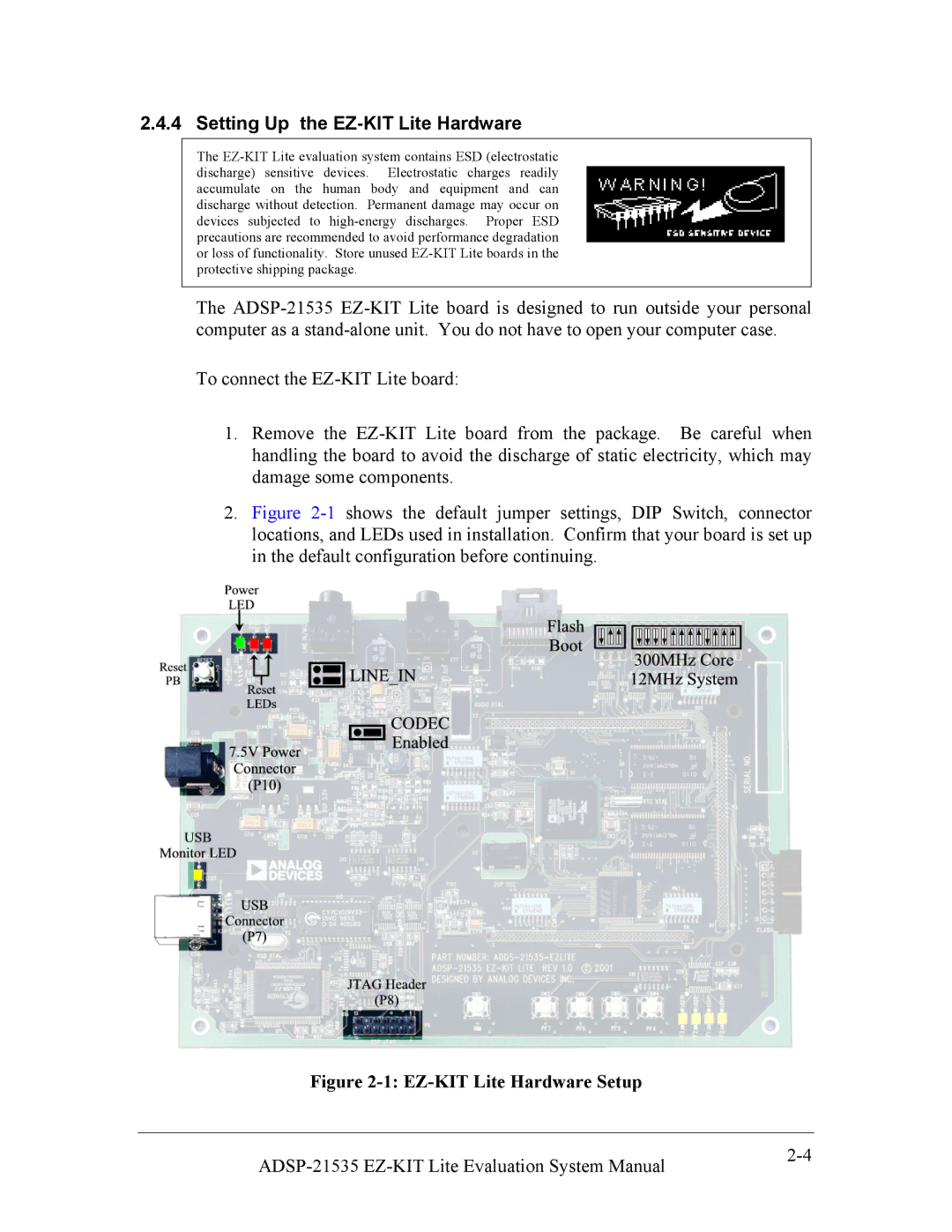 Analog Devices ADSP-21535 E-KIT LITE, 82-0000603-01 Setting Up the EZ-KIT Lite Hardware, EZ-KIT Lite Hardware Setup 