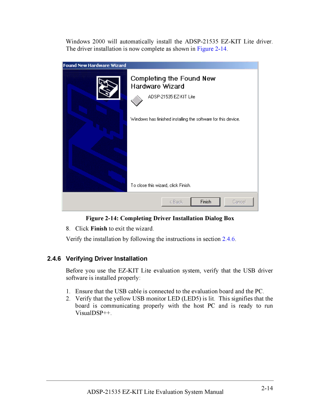 Analog Devices ADSP-21535 E-KIT LITE system manual Completing Driver Installation Dialog Box, Verifying Driver Installation 